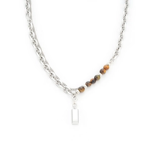 Tiger eye stone necklace with double silver chains and minimalist rectangle pendant