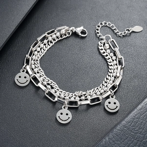 Three-layer stainless steel smiley face bracelet with cable, snake, and beaded chains