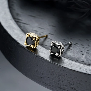 Vintage dragon claw stud earrings with square black zircon and gold textured finish