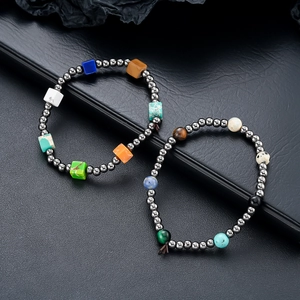 Men's minimalist beaded bracelets with hematite stones and colorful natural gemstones