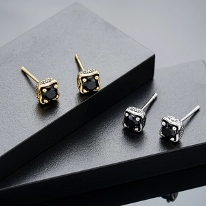 Vintage dragon claw stud earrings with black square zircon stones in gold and silver finish