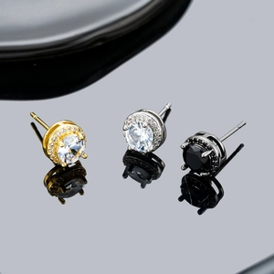 Classic halo stud earrings for men in gold, silver, and black finish with round-cut zircon
