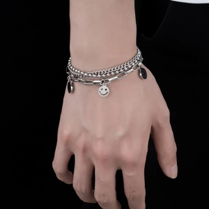 Three-layer stainless steel smiley face pendant bracelet for men in hip-hop style