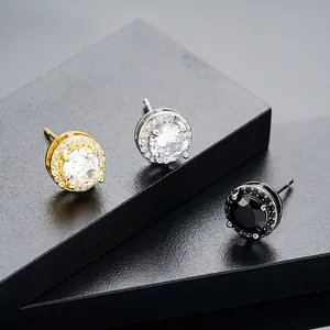 Luxury Copper Round Zirconia Stud Earrings For Men Women Premium Geometric Halo Pave Rhinestone Electroplated Fashion Jewelry Gift