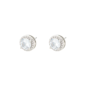 Elegant men's halo stud earrings with round-cut cubic zirconia and silver polished finish