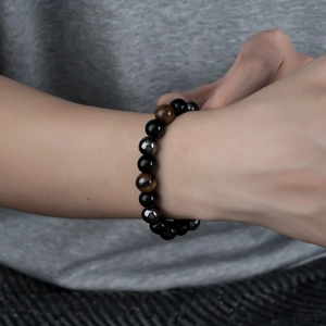 Men's natural obsidian and tiger eye stone beaded bracelet with hematite accents
