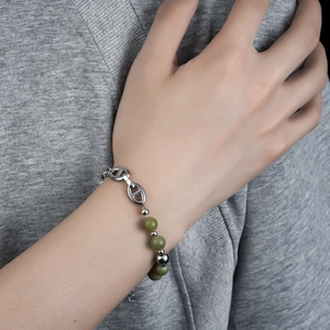 Vintage Titanium Steel Pig Nose Anchor Chain Bracelet Unisex Green Natural Stone Beads Beaded Bracelet Retro Hip Hop Jewelry