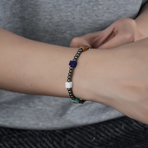 Mixed stone beaded bracelet with metallic spheres and colorful cubic stone accents for men and women