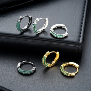 Copper Emerald Green Rhinestone Huggie Hoop Earrings For Men Women Geometric Pave Set Gold Silver Black Fashion Jewelry