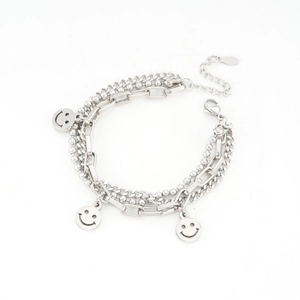 Three-layer stainless steel smiley face charm bracelet with silver link and bead chains
