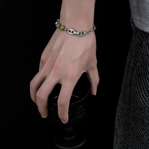 Hip hop vintage natural stone bracelet with silver anchor links for men and women