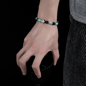 Men's hip-hop obsidian bracelet with cyan textured beads and silver cross pendant