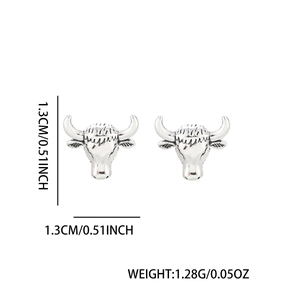 Retro bull head magnetic earrings with silver finish showing size and weight specs