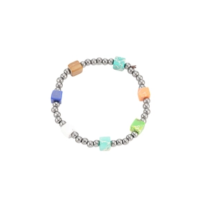 Handcrafted beaded bracelet with multi-colored square stones and silver metal beads