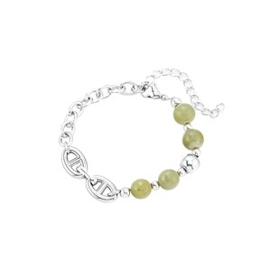 Retro hip-hop bracelet with titanium steel chain, olive green beads and nose buckle