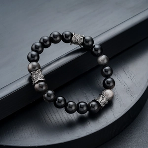 Natural silver sheen obsidian beaded bracelet with vintage silver hollow flower spacers