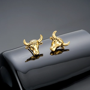 Vintage golden ox head magnetic earrings with detailed animal carving for men
