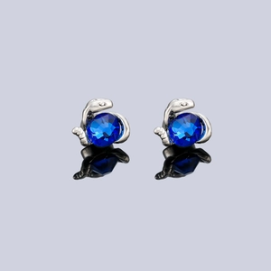 Détail des boucles d'oreilles magnétiques en cristal bleu avec finition argentée polie
