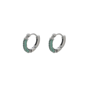 Silver hoop earrings for men and women featuring three rows of green micro-pave stones