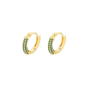 Detail of gold-plated hoop earrings featuring three rows of micro-paved green stones