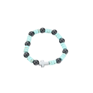 Hip hop beaded bracelet with black obsidian, blue stone beads and silver cross pendant