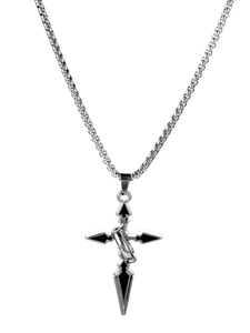 Close-up of gothic silver cross pendant with black enamel inlay on a box chain
