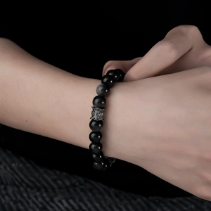 Natural Silver Obsidian beaded bracelet with vintage silver hollow-out metal charm