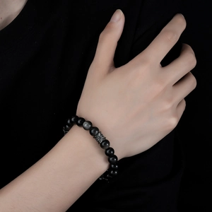 Natural silver obsidian bracelet for men and women featuring metallic lucky charm beads