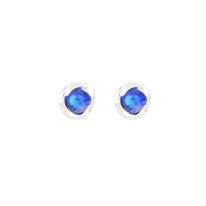 Silver Mobius magnetic ear clips with blue cubic zirconia stones on white background