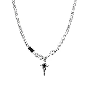 Star Pendant Asymmetrical Necklace Stainless Steel With Faux Artificial Pearl Zircon Retro Hip Hop Punk Jewelry For Men Women