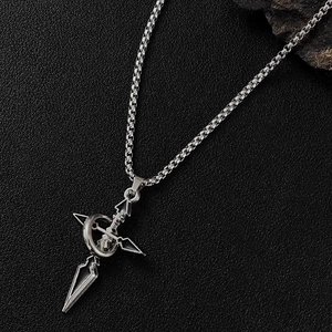 Titanium steel cross necklace with geometric ring pendant on black leather background