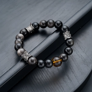 Natural silver obsidian bracelet with vintage carved metal beads and tiger eye stone