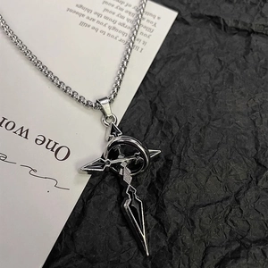 Gothic cross necklace in silver stainless steel with black enamel and star motif