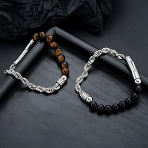 Tiger eye stone and black beaded stainless steel twist chain bracelet set for men