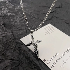 Gothic titanium steel cross and sword pendant necklace with thick wheat chain link