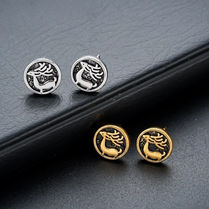 Retro elk head round stud earrings set in antique silver and gold finish for men and women