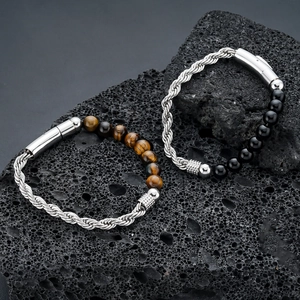 Men's Titanium Steel Braided Rope Chain Bracelet With Tiger Eye Obsidian Stone Beads Retro Geometric Style Jewelry