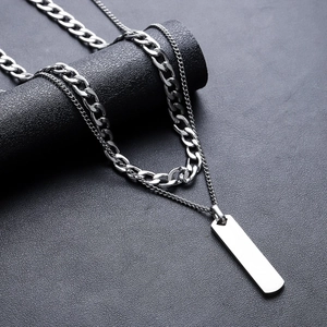 Double-layered stainless steel necklace featuring rectangular bar pendant and Cuban chain