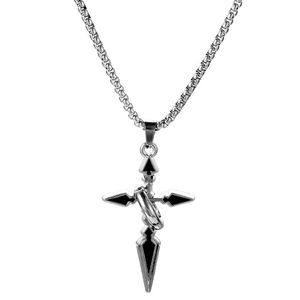 Silver stainless steel cross necklace with black enamel center on pearl chain