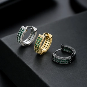 Three-color hip hop huggie earrings set with double-row green zircon pavé insets