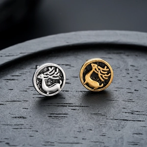 Vintage Copper Round Relief Elk Stud Earrings For Men Women Antique Gold Silver Color Animal Minimalist Christmas Jewelry