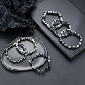 Fashion hematite beaded bracelet set for men and women with geometric dark grey stones