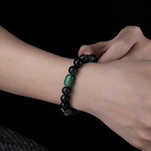 Natural Silver Obsidian Beaded Bracelet For Men Women Handmade Vintage Ethnic Style Alloy Flower Spacer Beads Hand Jewelry Luck Gift