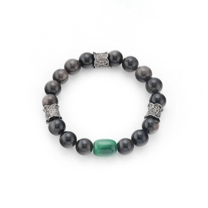 Natural silver obsidian beaded bracelet with vintage silver charms and green stone