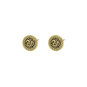 Vintage gold stud earrings with Greek key pattern and Om symbol in retro style