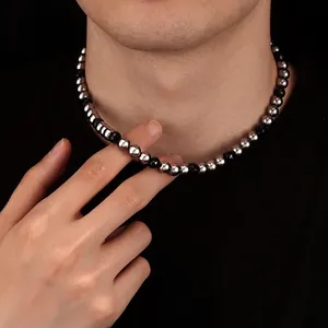 Unisex Titanium Steel Black Artificial Pearl Splicing Necklace Geometric Minimalist Bead Clavicle Chain Trendy Jewelry Gift