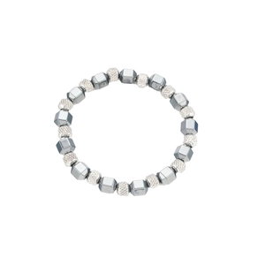 Mens fashion hematite beaded bracelet with grey faceted stones and silver knurled metal beads