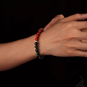 Natural sandalwood and tiger eye stone beaded bracelet with vintage silver metal spacers
