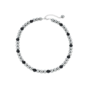 Geometric black bead and silver steel necklace with adjustable extension chain