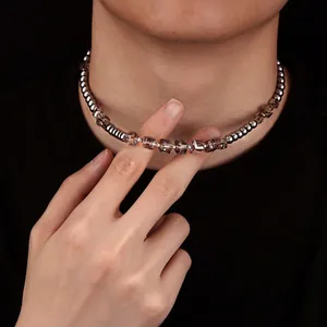 Titanium Steel Beaded Rhinestone Patchwork Necklace For Men Women Industrial Minimalist Geometric Unisex Clavicle Chain Jewelry